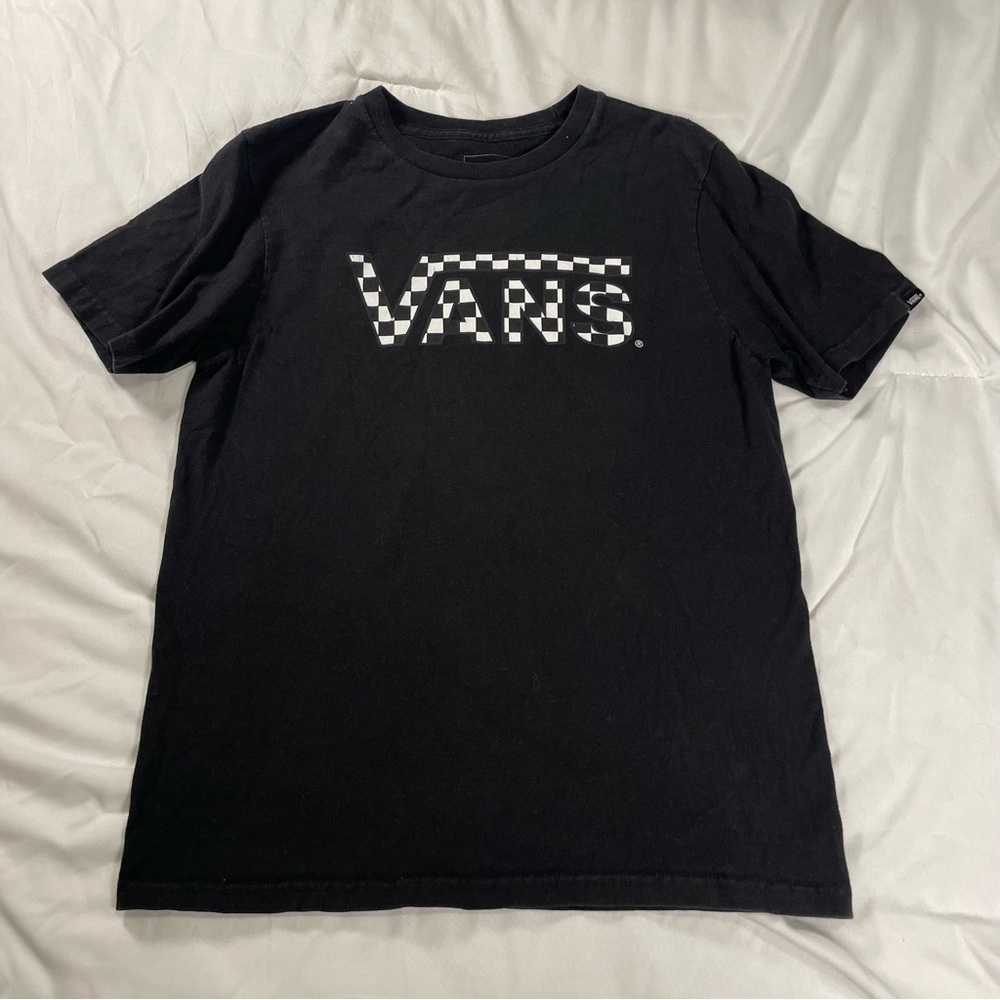 Vans Black and White Checkered Logo T-Shirt Youth Medium Skater Streetwear Y2K